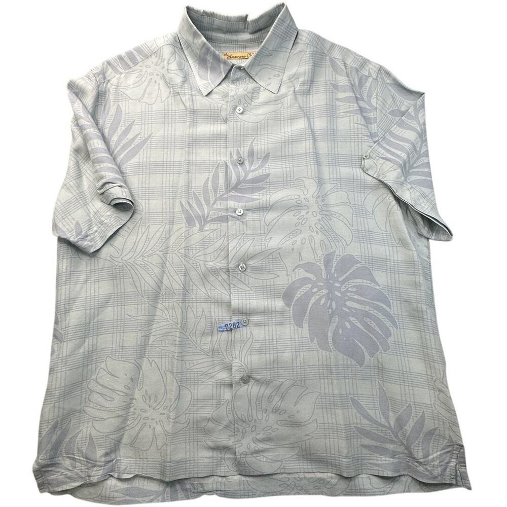 The Havanera Co Shirt Tropical Palm Plaid Gray Blue L